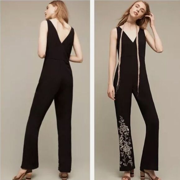 Anthropologie HD In Paris Women’s 0 Embroidered‎ Wide Leg Jumpsuit Black Western - Picture 5 of 12